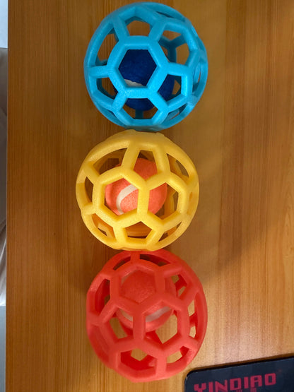 3-Pack Soft TPR Rubber Hollow Grid Dog Ball Toys - Double-Layer Design with Integrated Tennis Ball, 9cm Floating Fetch Toy for Anxiety Relief and Dental Care, Ideal for Small to Medium Dogs (Indoor and Outdoor Use)