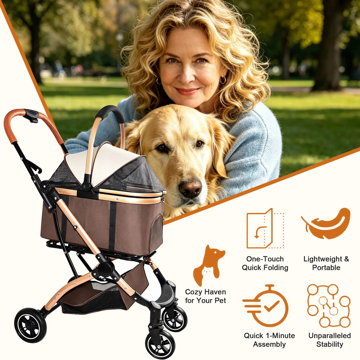 4-Wheel 2-in-1 Detachable Foldable Pet Stroller for Dogs and Cats with Quick One-Hand Fold, Storage Basket, and Detachable Carry Basket with Sun Canopy