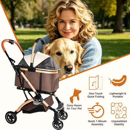 4-Wheel 2-in-1 Detachable Foldable Pet Stroller for Dogs and Cats with Quick One-Hand Fold, Storage Basket, and Detachable Carry Basket with Sun Canopy