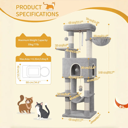 Hzuaneri Multi-Level Cat Tree Tower - Extra-Large Base Kitten Condo with Hidden Space, Vertical Sisal Scratcher Posts, Sturdy 15.4 Lbs Each Steel Tubes, Soft Plush Top Perch, Cozy Hammock, Stain Resistant