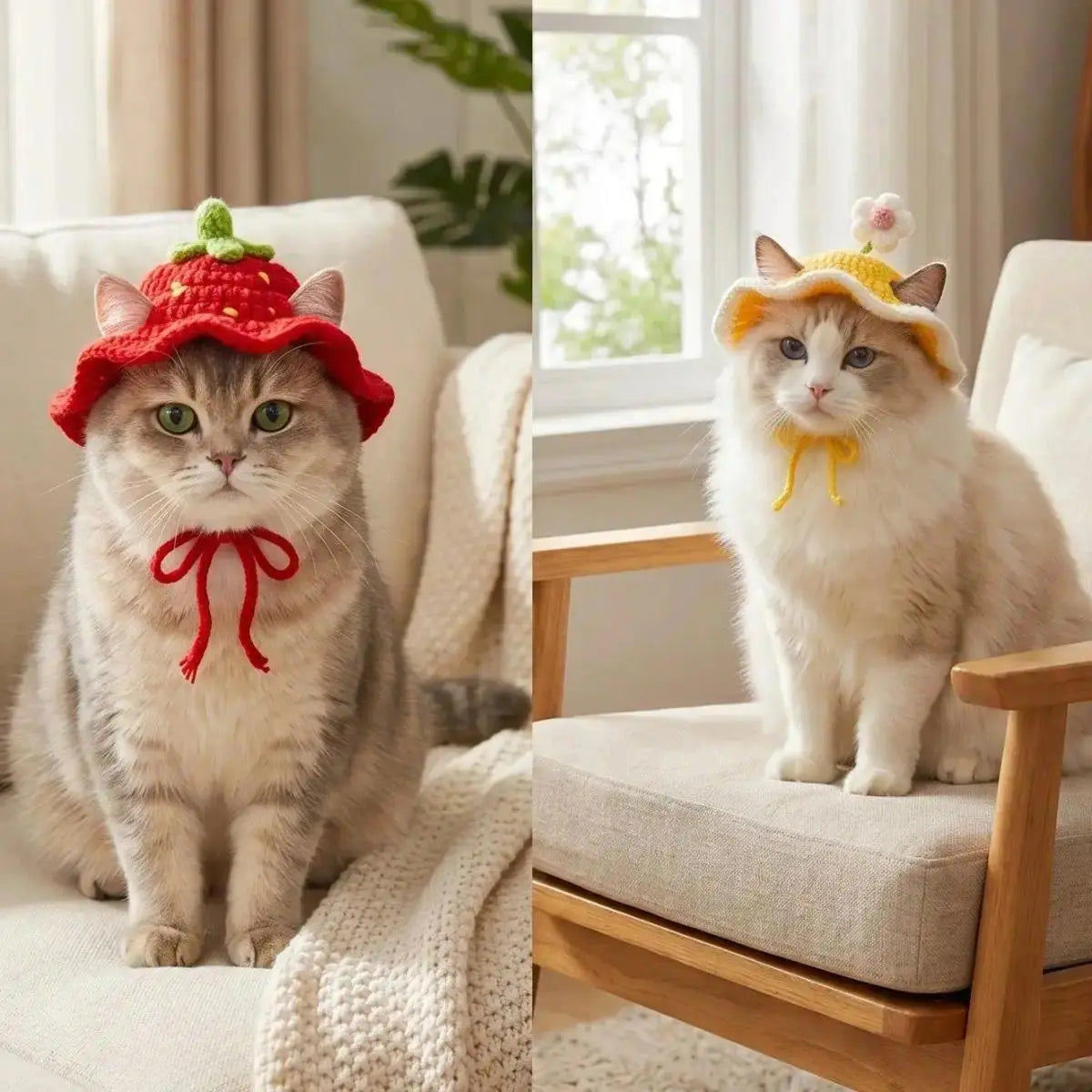 4PCS Handmade Knit Fabric Pet Headwear Set Pack - Adjustable, Soft Crochet Frog/Flower Costumes, Warmth Cover for Small Cats & Puppies, Holiday Party Cosplay Accessory