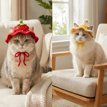 4PCS Handmade Knit Fabric Pet Headwear Set Pack - Adjustable, Soft Crochet Frog/Flower Costumes, Warmth Cover for Small Cats & Puppies, Holiday Party Cosplay Accessory