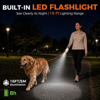Sevy Glowie LED Light Retractable Dog Leash - 16FT Tangle-Free Nylon Leash with 360° Rotation, 1-Hand Brake-Lock, Anti-Slip Handle, Jumping Harness Compatibility, Adjustable Sensitivity Leather Collar for Small-Medium Dogs up to 66 Lbs, Leashes