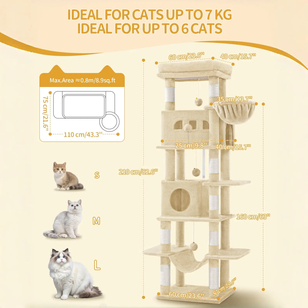 Hzuaneri Multi-Level Cat Tree Tower - Extra-Large Base Kitten Condo with Hidden Space, Vertical Sisal Scratcher Posts, Sturdy 15.4 Lbs Each Steel Tubes, Soft Plush Top Perch, Cozy Hammock, Stain Resistant