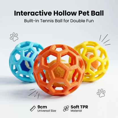 3-Pack Soft TPR Rubber Hollow Grid Dog Ball Toys - Double-Layer Design with Integrated Tennis Ball, 9cm Floating Fetch Toy for Anxiety Relief and Dental Care, Ideal for Small to Medium Dogs (Indoor and Outdoor Use)