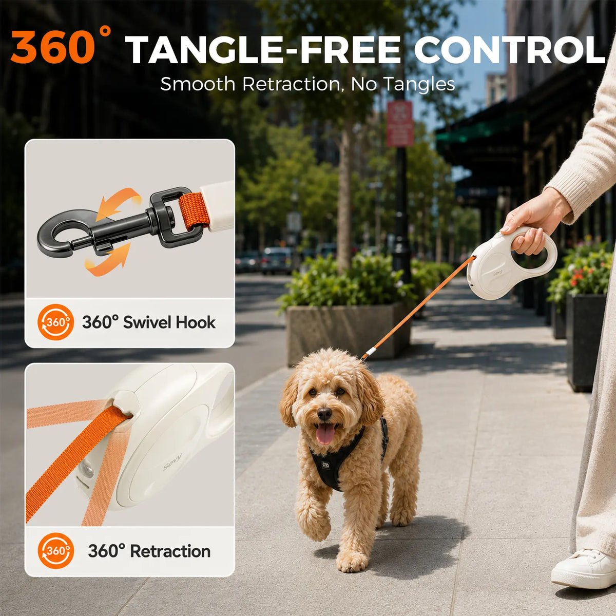 Sevy Glowie LED Light Retractable Dog Leash - 16FT Tangle-Free Nylon Leash with 360° Rotation, 1-Hand Brake-Lock, Anti-Slip Handle, Jumping Harness Compatibility, Adjustable Sensitivity Leather Collar for Small-Medium Dogs up to 66 Lbs, Leashes