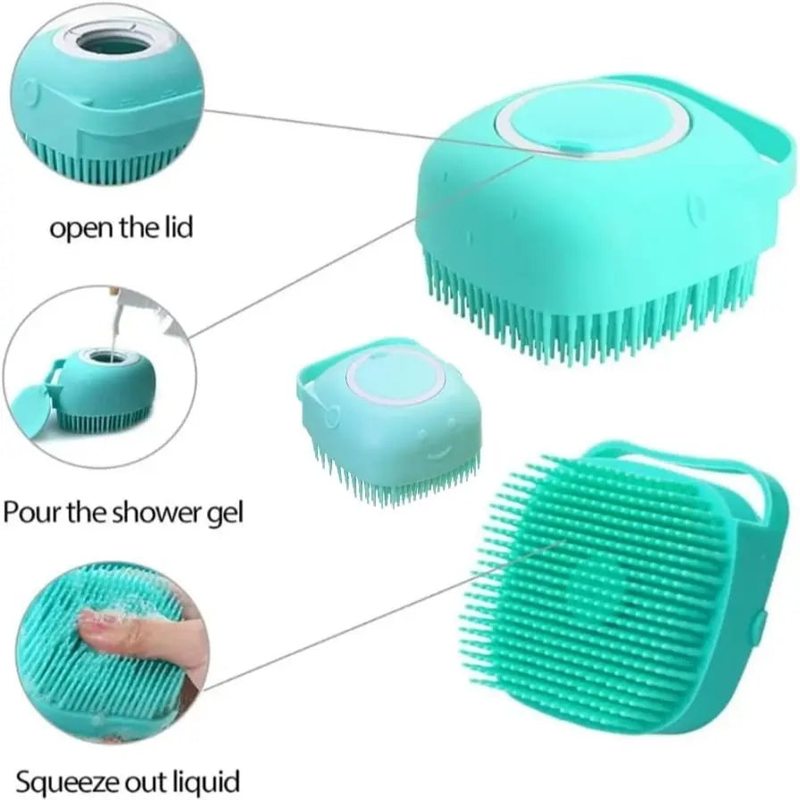 Universal Pet Bath Brush with Integrated Shampoo Reservoir - Silicone Massage Cleaning Tool for Dogs with Gentle Bristles, Ergonomic Grip Handle, Compact Design, Mess-Free Washing, and Travel-Friendly Absorbent Towel